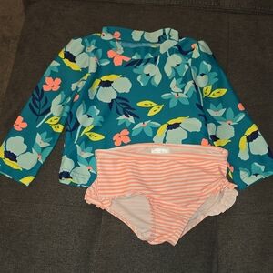 Tropical Floral Kids Rashguard Set - Teal and Peach